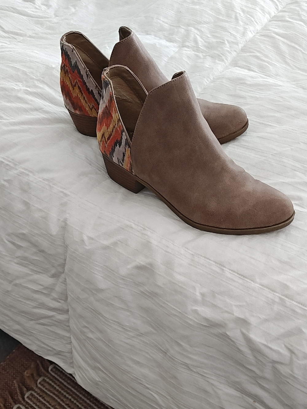 Indigo Taupe Suede Cutout Ankle Booties with Multicolor Chevron Heel